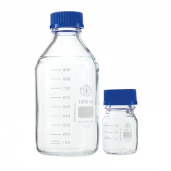 FLACON 250ML VERRE CLAIR ISO GL45 BOUCHON BLEU + BAGUE x 10